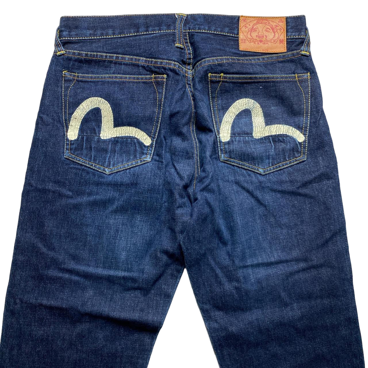 Evisu Vintage Navy Baggy Cream Daicock Swoosh Jeans (34W)