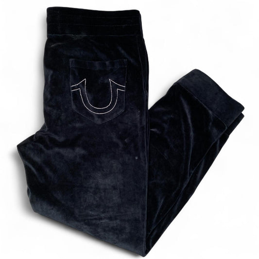 True Religion Black Velour Gold and White Stitch Baggy Joggers