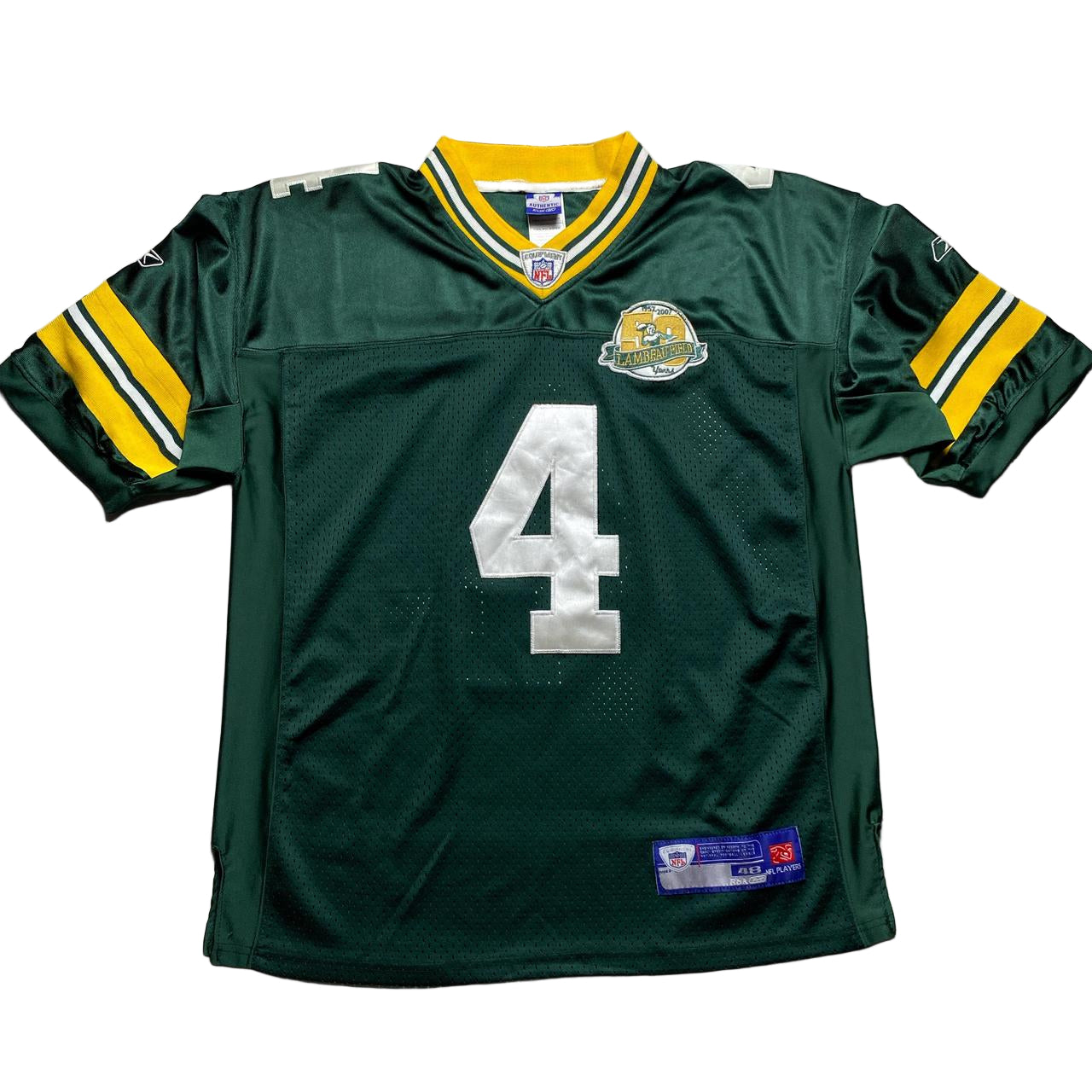 Greenbay Packers Reebok Brett Favre Lambeaufield 2007 NFL Green and Yellow Football Jersey (L)
