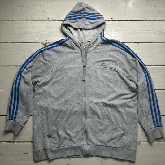 Adidas Performance Essentials Grey and Blue Three Stripe Hoodie