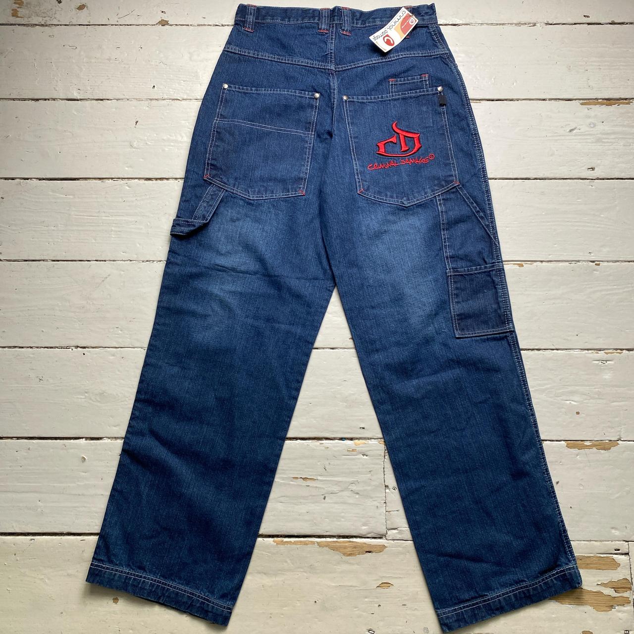 Criminal Damage Vintage Baggy Carpenter Cargo Embroidery Navy and Red Jeans