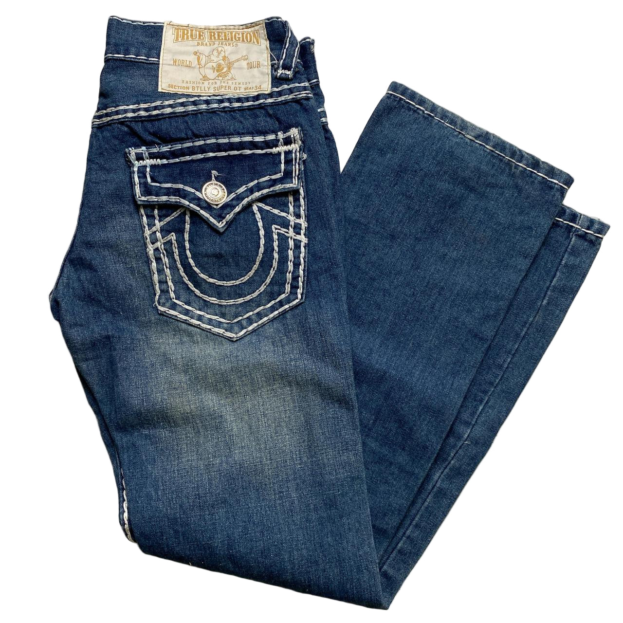 True Religion Billy Super OT Big White Stitch Blue Jeans (34W)