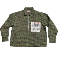 Sanje Fighting Flowers Embroidery Checked Plaid Shirt (M)
