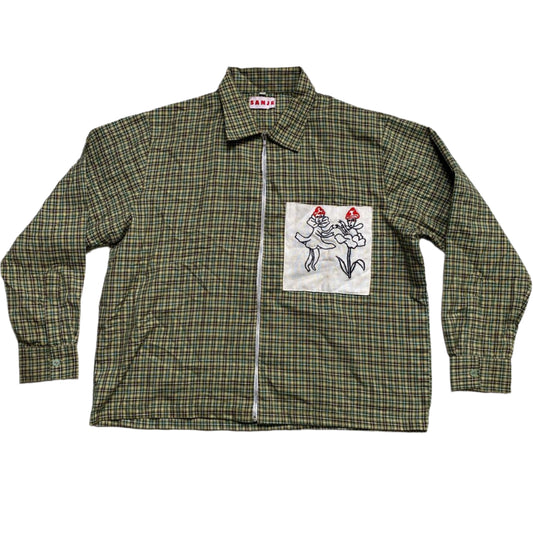 Sanje Fighting Flowers Embroidery Checked Plaid Shirt (M)
