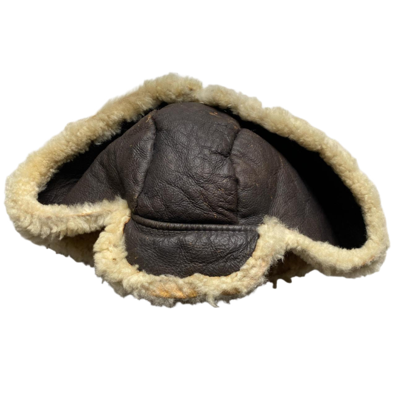 Sheepskin Leather Vintage Dog Ear Trapper Hat Brown and Cream