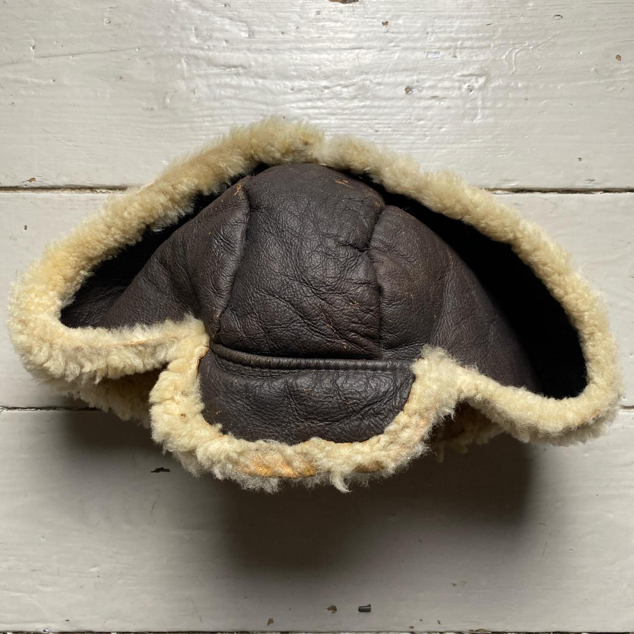 Sheepskin Leather Vintage Dog Ear Trapper Hat Brown and Cream