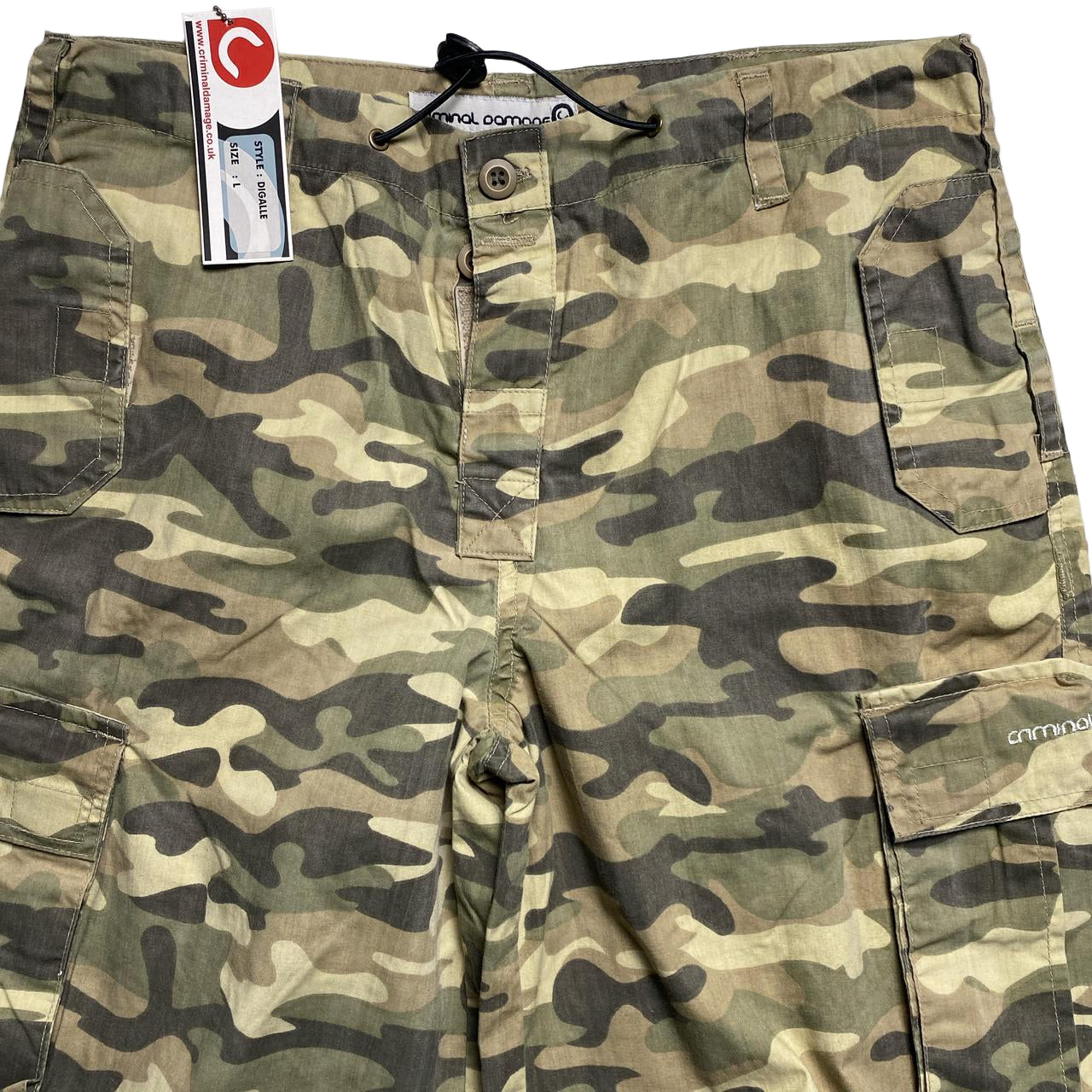 Criminal Damage Light Green Khaki Camouflage Cargo Baggy Vintage y2k Combat Trousers (30/32W)
