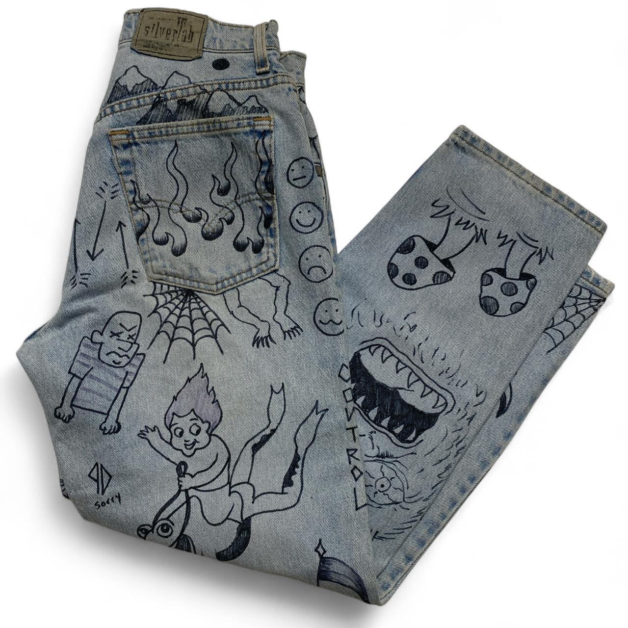 Levis Silver Tab Custom Hand Drawn Light Blue Baggy Jeans (28W)