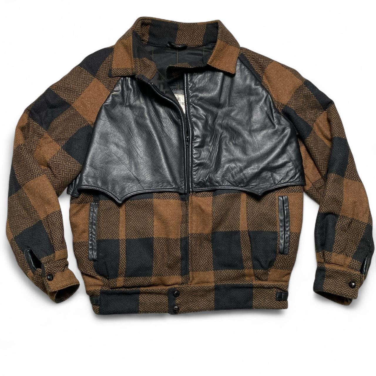 Vintage Brown and Black Plaid Wool and Leather Full Suit Jacket and Trousers (L)