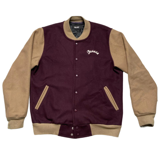 Palace Wool Burgundy and Sand Tan Brown Varsity Bomber Jacket (L)