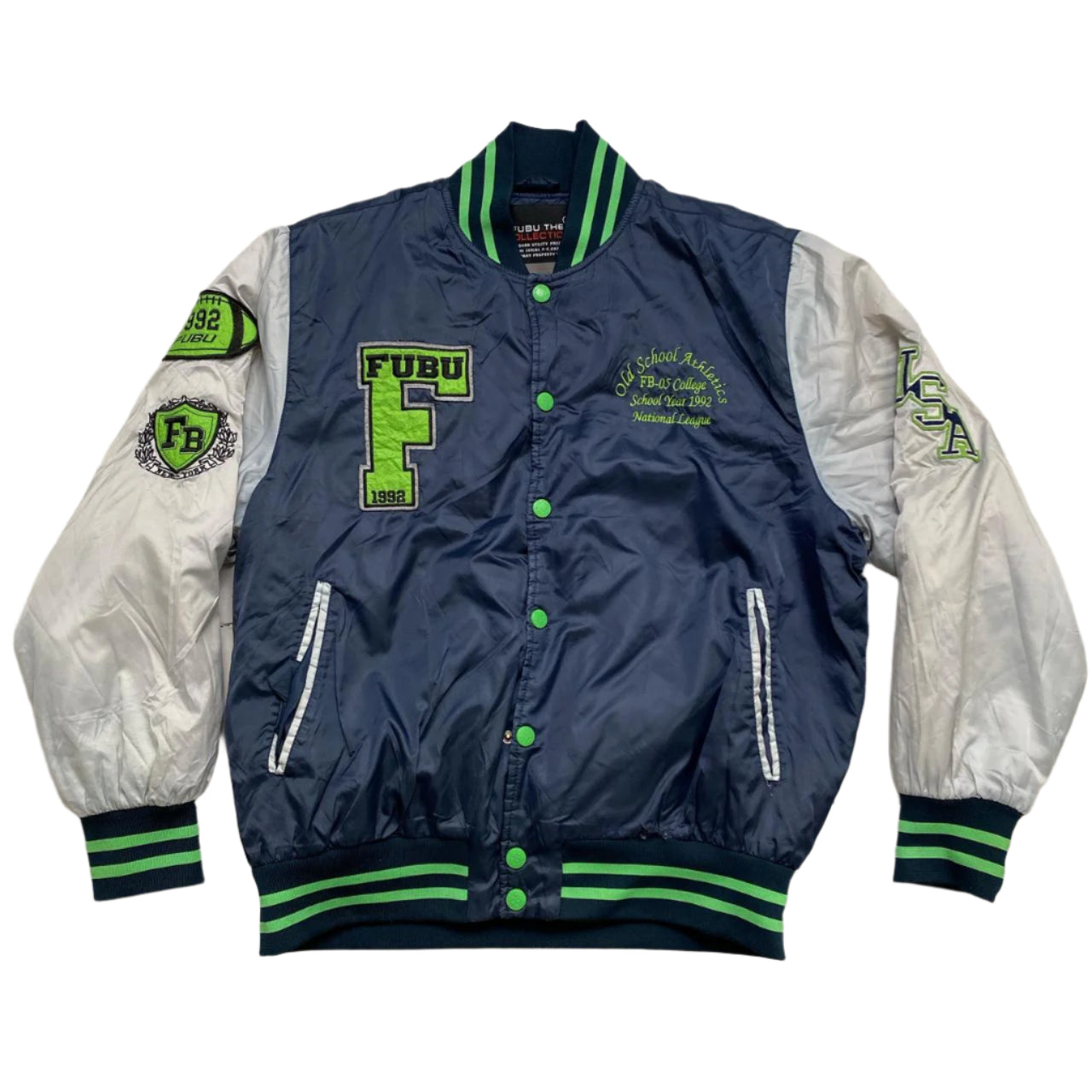 FUBU Navy Silver and Green Bomber Varsity Jacket (L)