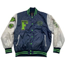 FUBU Navy Silver and Green Bomber Varsity Jacket (L)