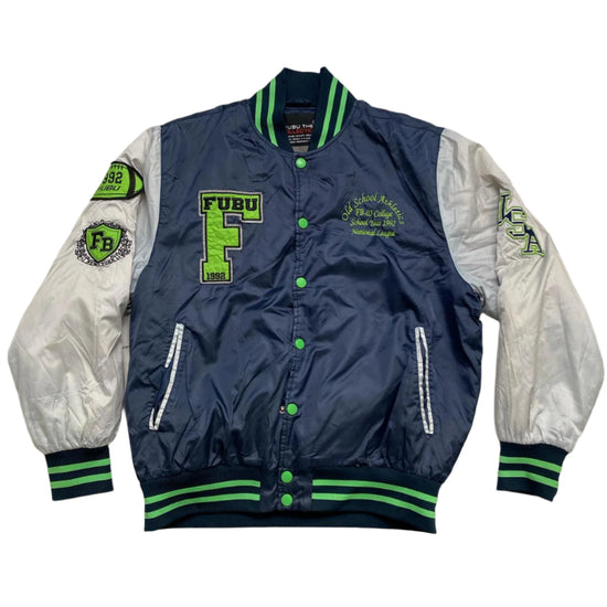 FUBU Navy Silver and Green Bomber Varsity Jacket (L)