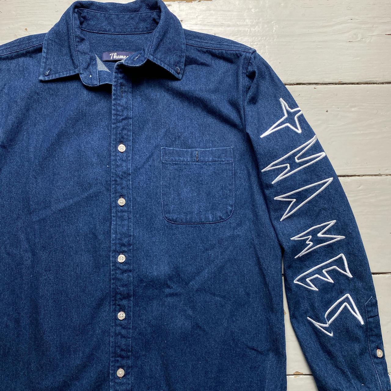 Thames Denim Blue and White Embroidery Long Sleeve Shirt