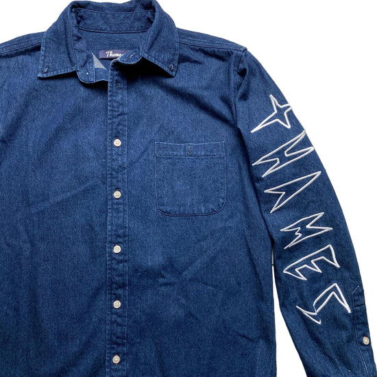 Thames Denim Blue and White Embroidery Long Sleeve Shirt (M)