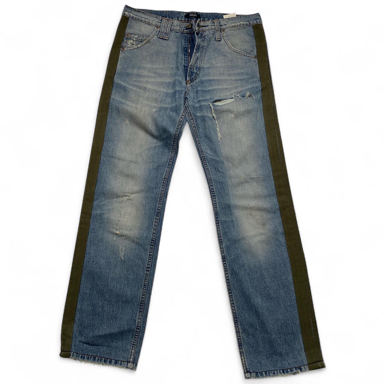 Versace Jeans Couture Vintage Distressed Blue and Green Strip Jeans (34W)