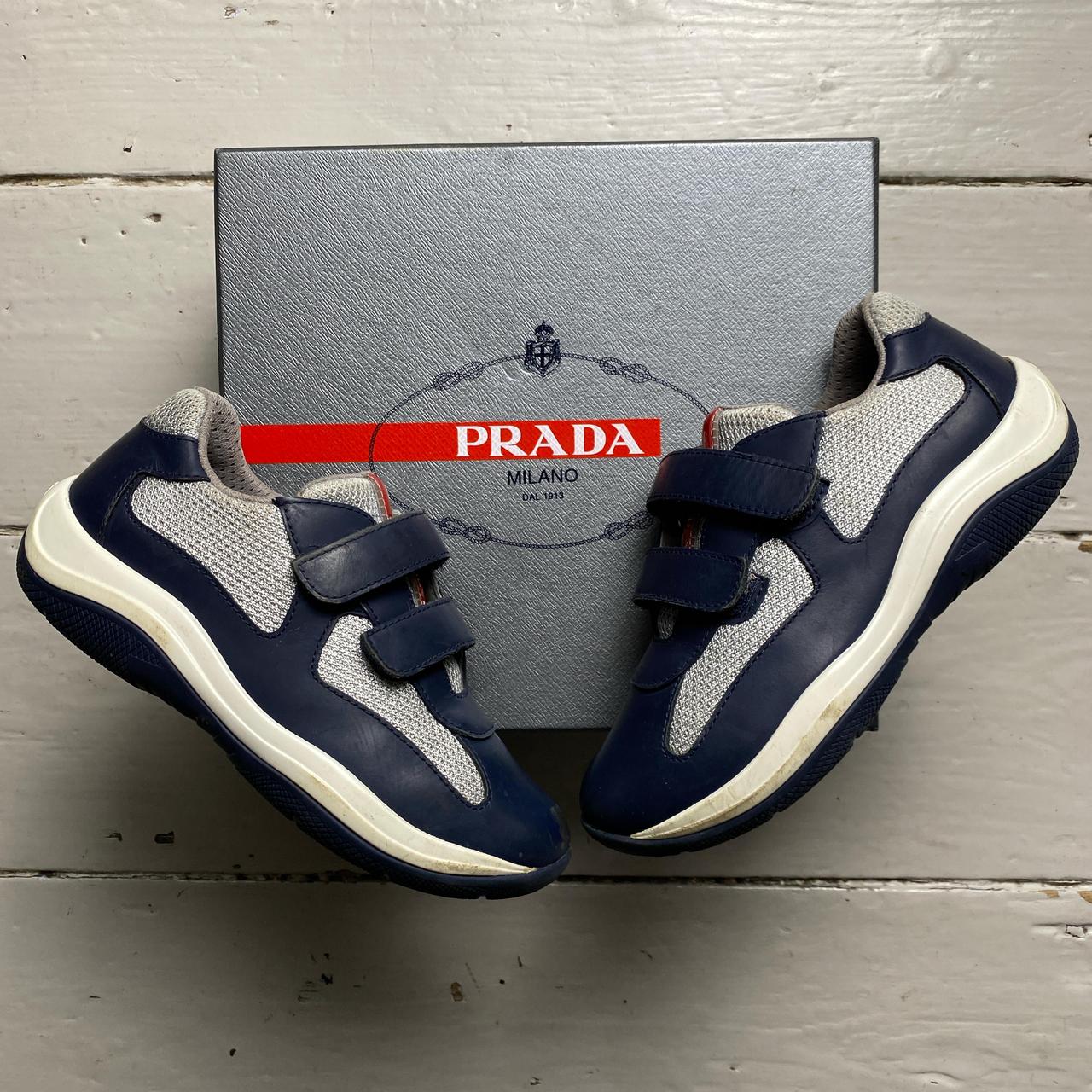 Prada Americas Cup Navy and Silver Strap Kids Shoes