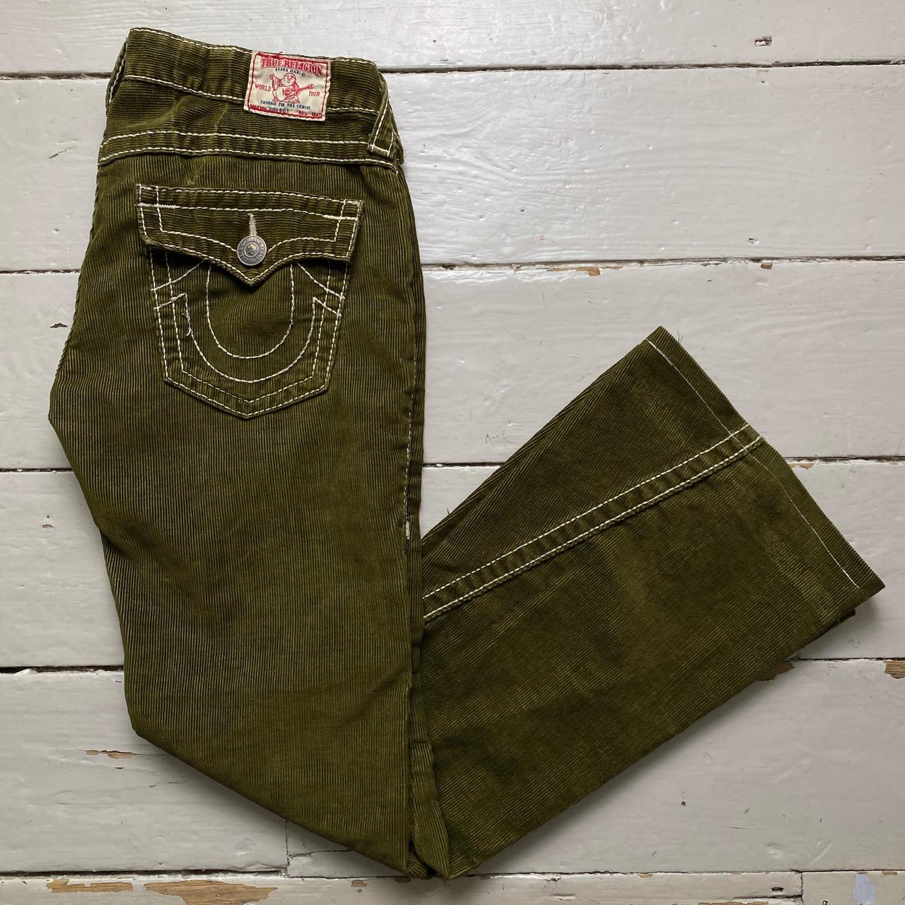 True Religion Joey Big T Big Stitch Olive Green and White Corduroy Flared Jeans