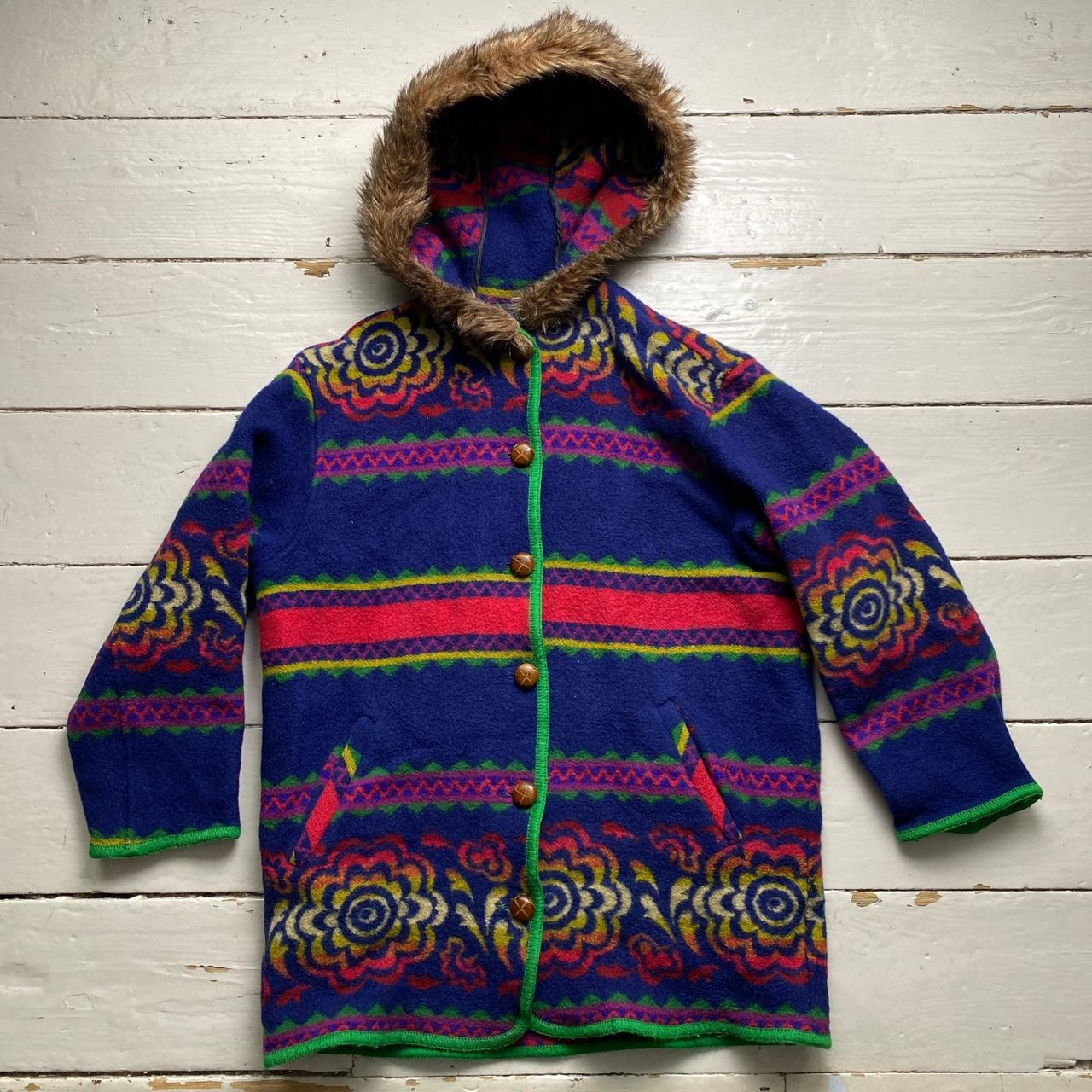 United Colours of Benetton Vintage Wool Floral Multi Colour Rug Design Hooded Fur Trim Parka