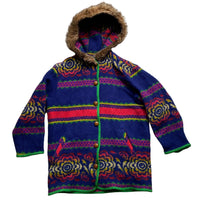 United Colours of Benetton Vintage Wool Floral Multi Colour Rug Design Hooded Fur Trim Parka (M)