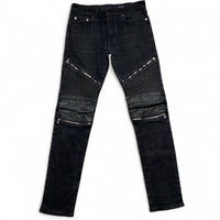 Saint Laurent Paris YSL Black Ribbed Leather Patch Zipper Biker Jeans (31W)