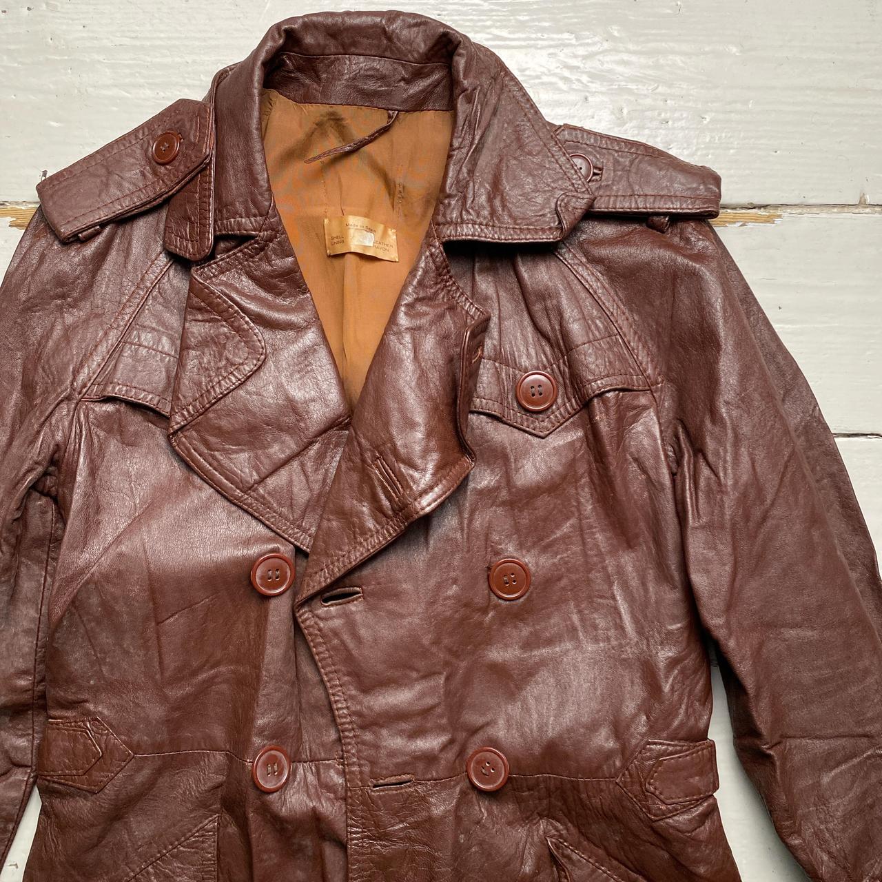 Vintage Brown Leather Spanish Trench Long Coat