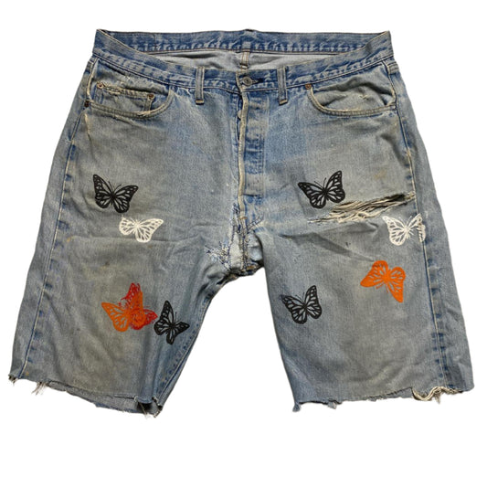 Levis 501 Baggy Cut Down Distressed Vintage Jort Jeans with Butterfly Prints (W 36)