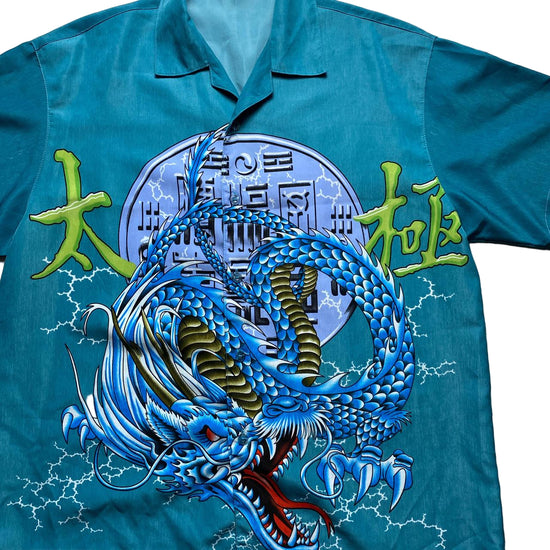 Y2K Vintage Japanese Blue Dragon Short Sleeve Shirt (2XL)