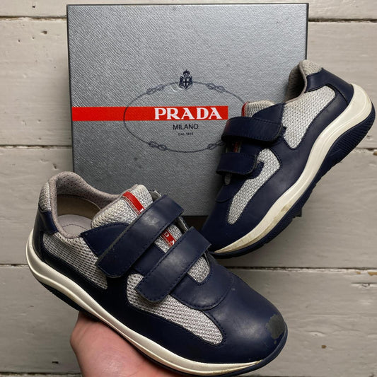 Prada Americas Cup Navy and Silver Strap Kids Shoes