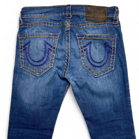 True Religion Womens Big Purple and Gold Stitch Rocco Slim Skinny Jeans (29W)