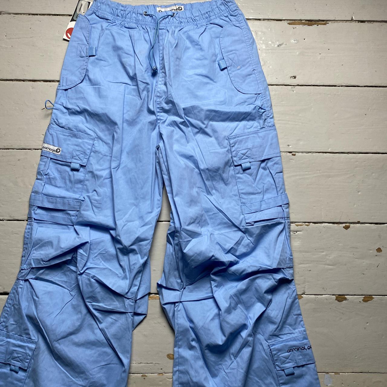 Criminal Damage Baggy Parachute Combat Light Baby Blue Cargo Trousers