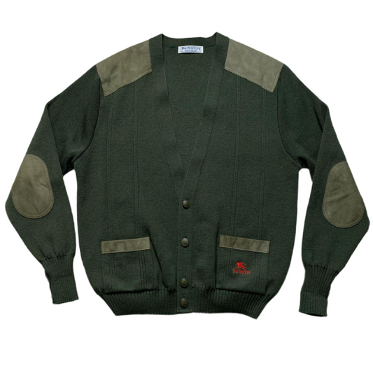 Burberry Burberrys Vintage 90’s Khaki Green Knit Cardigan with Suede Panels (XL)