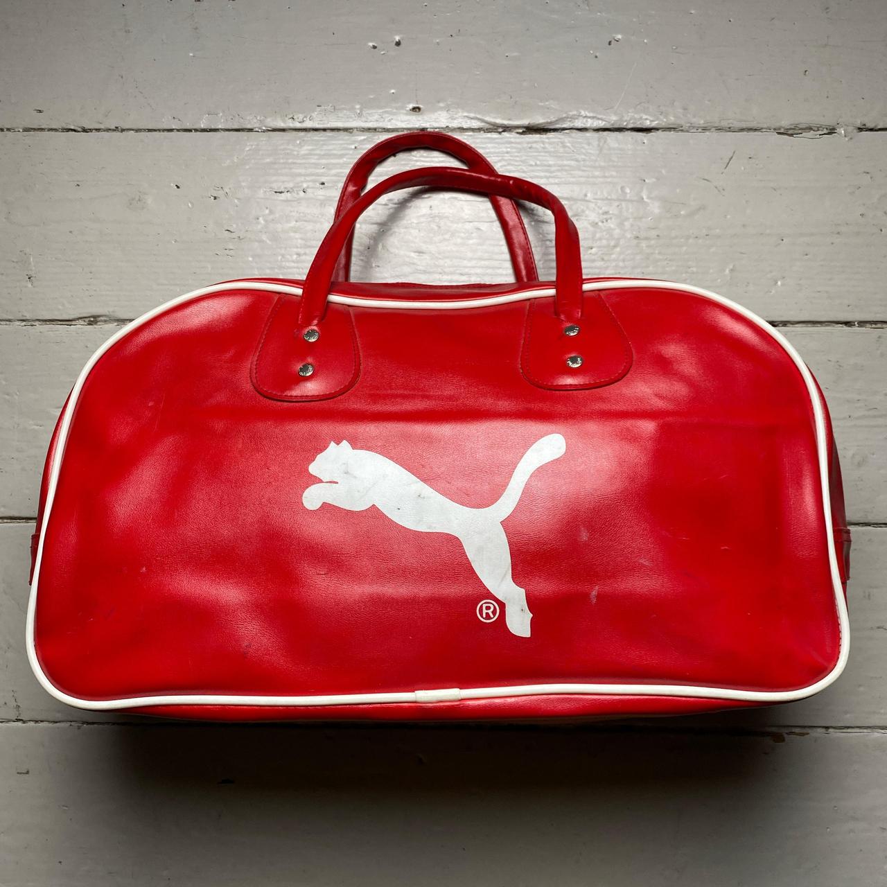 Puma Vintage Red and White Leather Duffle Travel Bag