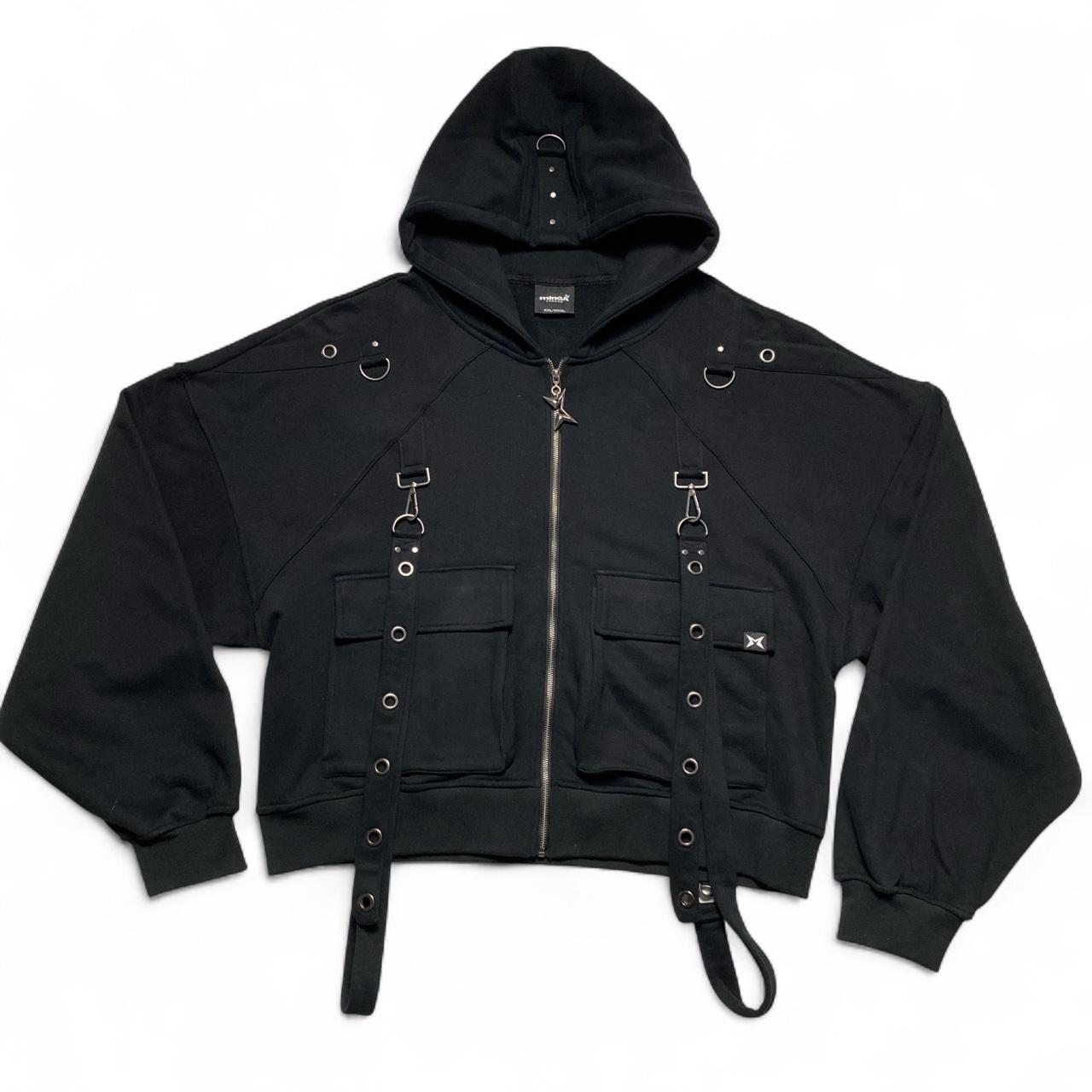 Minga London Goth Grunge Black and Silver Bondage Hoodie (2XL)