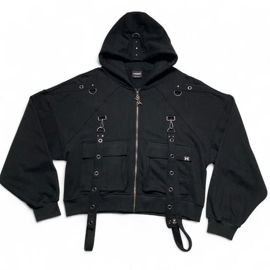 Minga London Goth Grunge Black and Silver Bondage Hoodie (2XL)