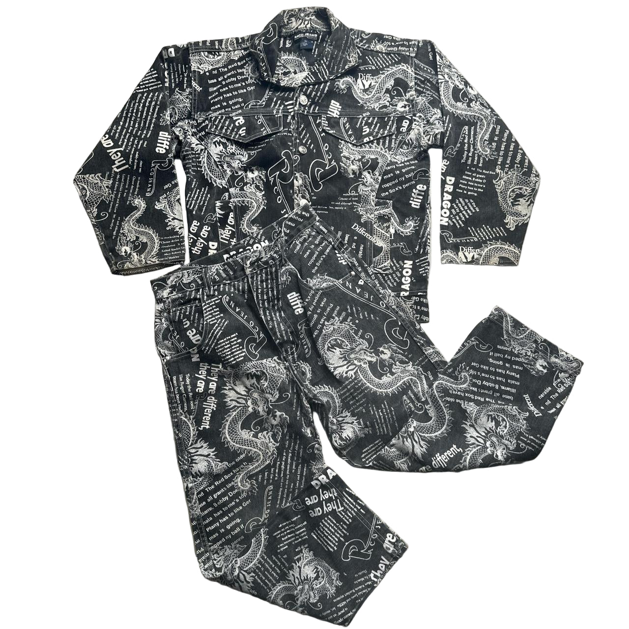 Raco Jeans Vintage 90’s Dragon Newspaper Transcript Denim Suit Jacket and Jeans (WOMEN.S)