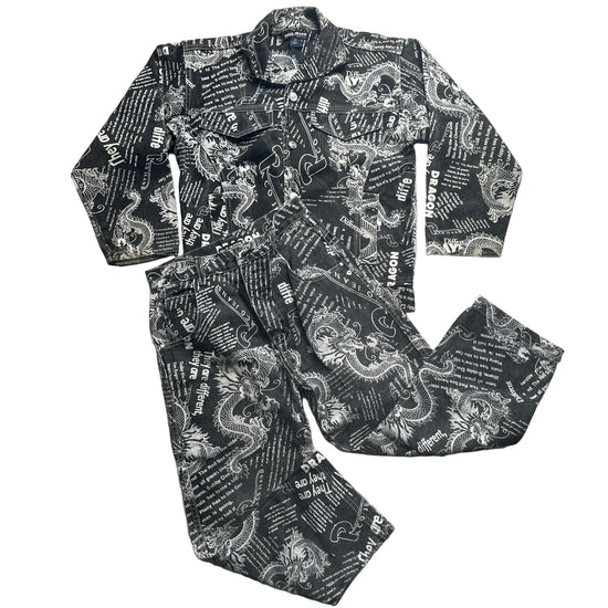 Raco Jeans Vintage 90’s Dragon Newspaper Transcript Denim Suit Jacket and Jeans (WOMEN.S)