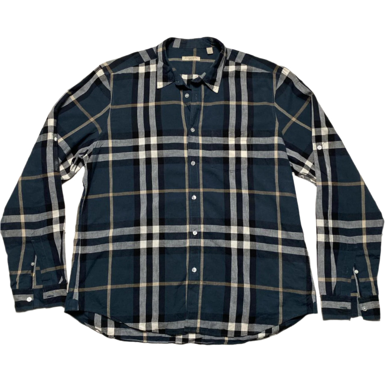 Burberry Brit Nova Check Navy Black White and Cream Long Sleeve Shirt (2XL)