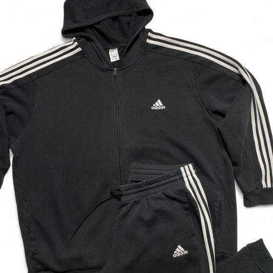 Adidas Black and White Stripe Full Tracksuit Hoodie and Joggers
