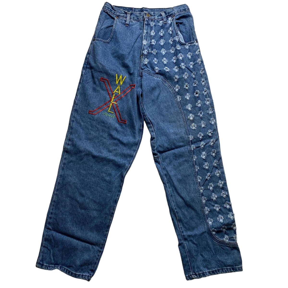 Wall Street X Vintage 90’s Baggy Distressed Embroidered Jeans (30W)