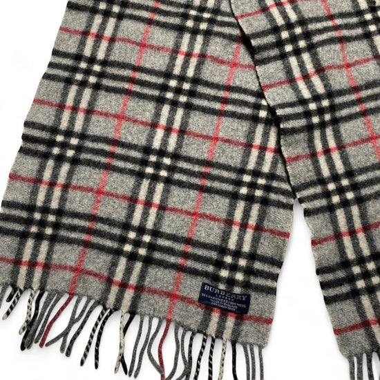 Burberry Nova Check Grey Black and Red Cashmere Wool Scarf