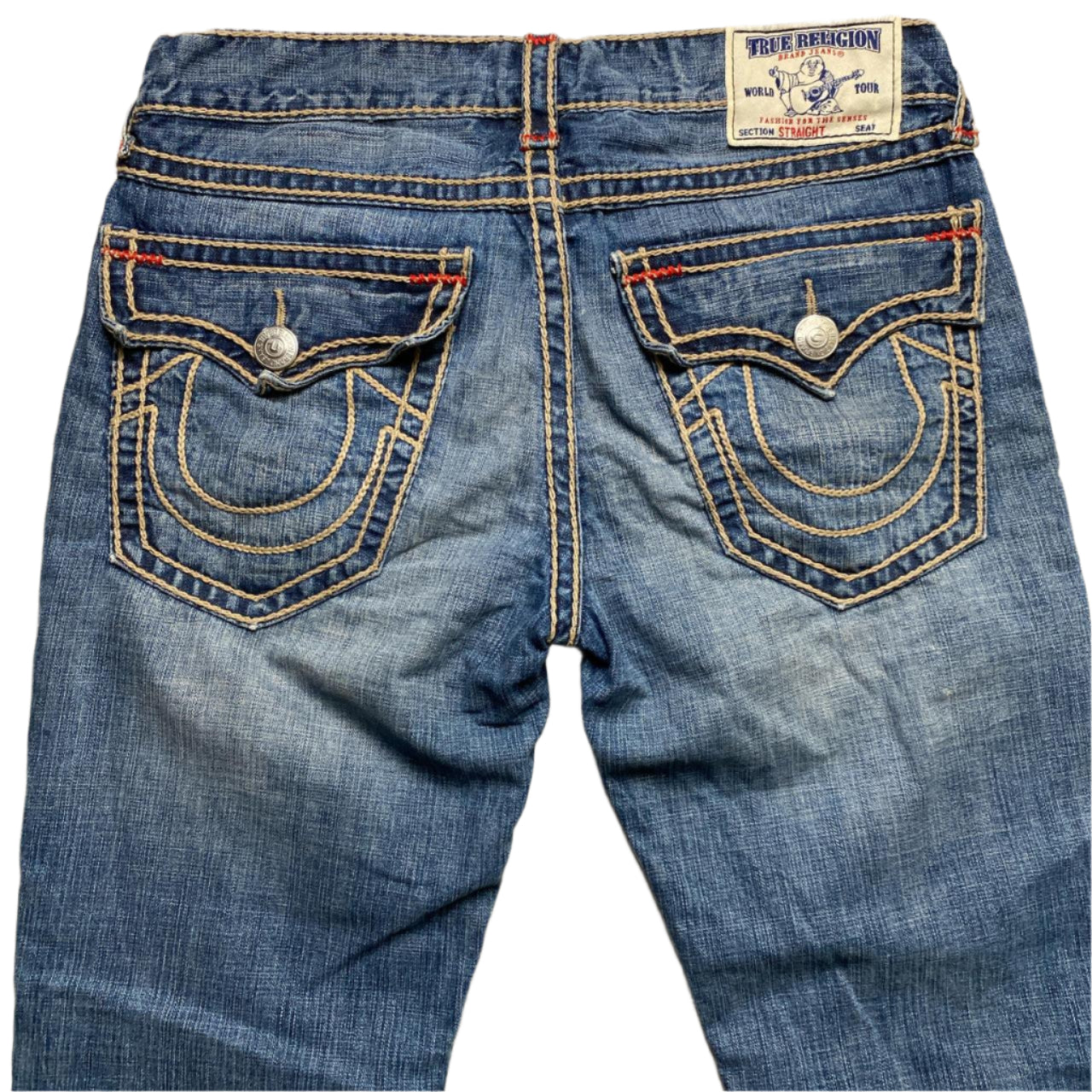 True Religion Big Stitch Straight Blue Brown and Red Baggy Jeans (34W)