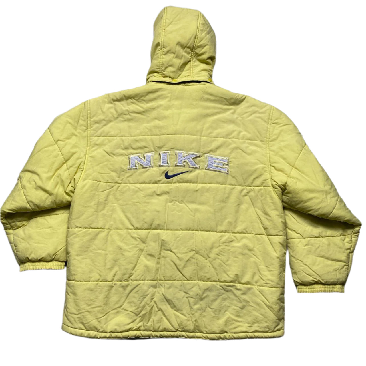 Nike Vintage 90’s Yellow White and Blue Big Logo Puffer Jacket (XL)