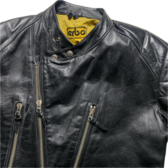 Erbo Vintage Leather Black and Yellow Biker Jacket (L)