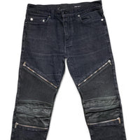 Saint Laurent Paris YSL Black Ribbed Leather Patch Zipper Biker Jeans (31W)