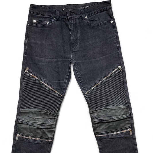 Saint Laurent Paris YSL Black Ribbed Leather Patch Zipper Biker Jeans