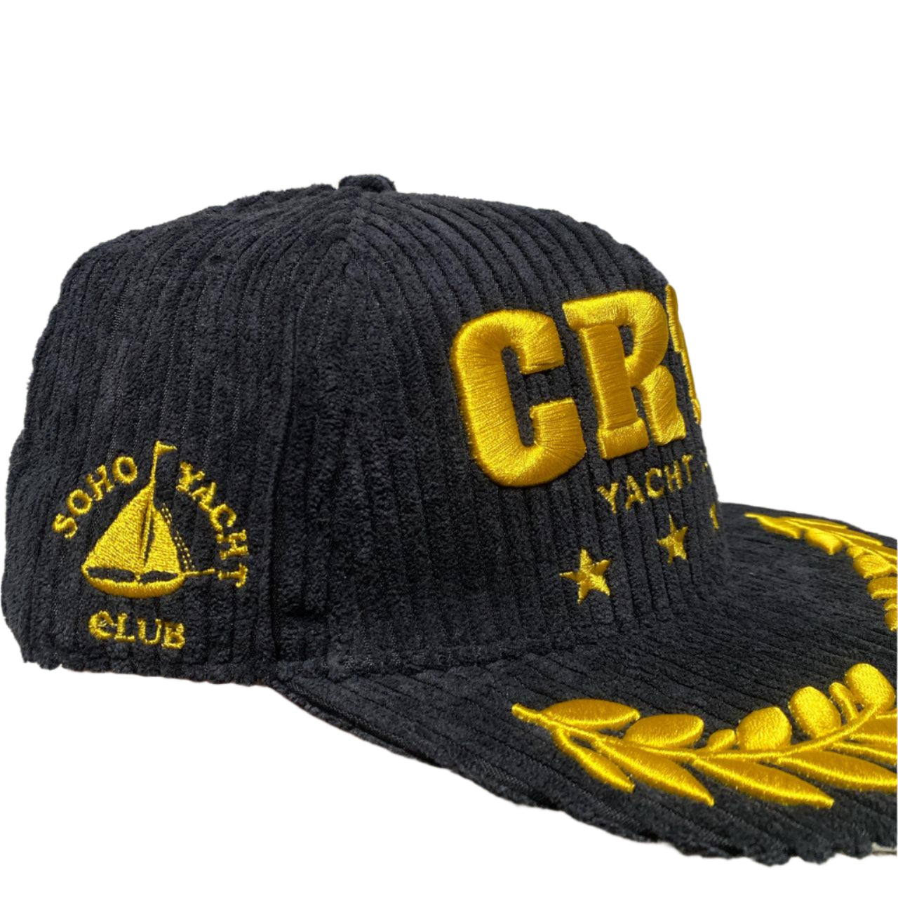 Corteiz CRTZ Soho Yacht Club Black and Gold Corduroy Velvet Snapback Cap