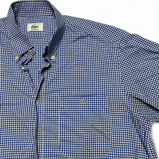 Lacoste Blue and White Vintage Short Sleeve Plaid Checked Shirt (L)