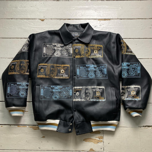 Raw Blue Dollar Bill and Italian Money Embroidery Leather Vintage Bomber Jacket