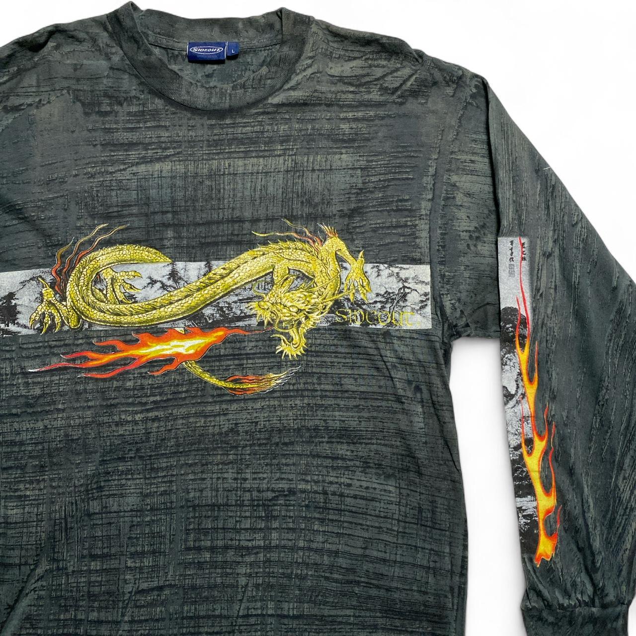 Sideout Vintage y2k Dragon Grey and Yellow Flames Grunge Long Sleeve T Shirt (L)